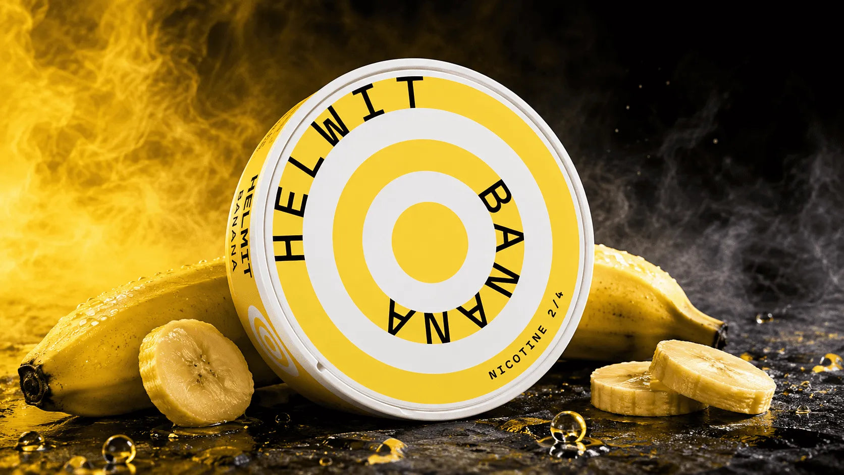 Helwit Banana Slim Nikotinbeutel Dose auf hellem Hintergrund