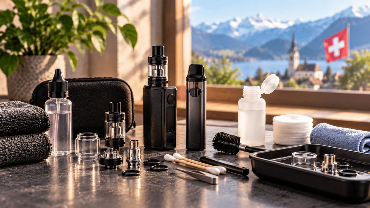 Vape Gerät mit Reinigungs- und Pflegezubehör auf einem Tisch